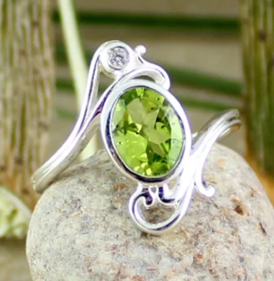 Lovely Oval Cut Peridot Ring August Birth stone Gift Promise 14k White Gold Over - Image 1 of 4