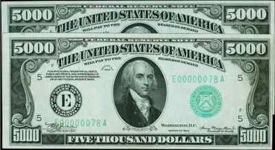 (2) ПОСЛЕДОВАТЕЛЬНЫЙ FR. БАНКНОТЫ ФЕДЕРАЛЬНОГО РЕЗЕРВА 2221-E 1934 5000 ДОЛЛАРОВ PMG AU-55 И UNC-63  - Изображение 1 из 4