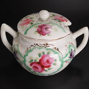 Vintage Japan Lidded Sugar Bowl Bone China Hand Painted Flowers Enamel Beading - Picture 1 of 12