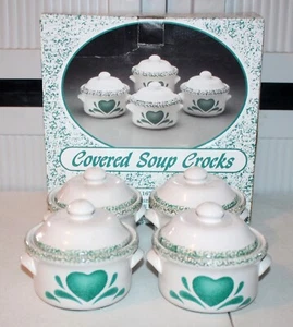 Covered Soup Crocks - Set of 4 - Item 16744 Green Hearts - ABC Distributing - Picture 1 of 1
