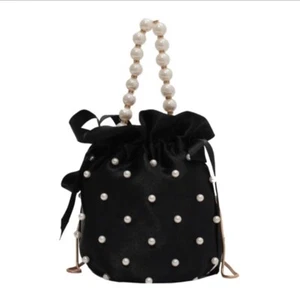 Black Tie Prom Party Satin Pearls Pouch Clutch Handbag Evening Bucket Bag - Picture 1 of 5