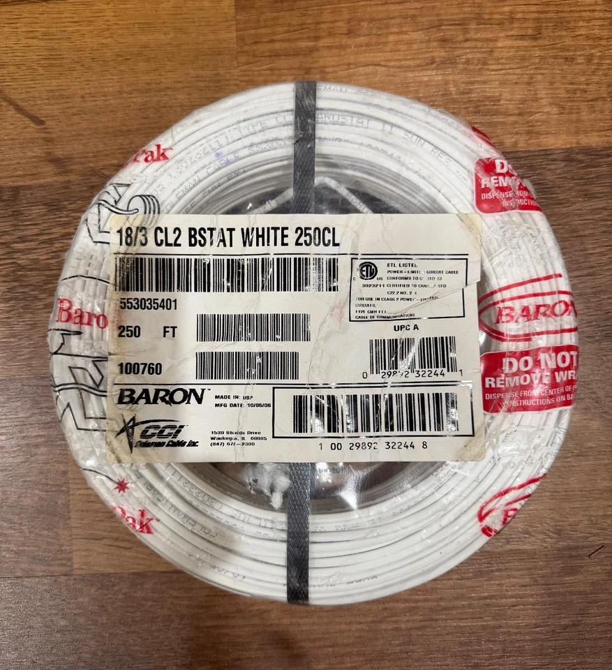 18/3 - CABLE CL2 BSTAT BLANCO 250CL 250 FT - ¡Hecho en EE. UU.! Foto 1 de 1