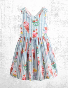 Ex Mini Boden Girl's Harper Cotton Holiday Print Cross-Back Dress in Blue Stripe - Picture 1 of 8