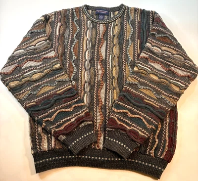 Vtg 90s TEXTURED 3D COTTON SWEATER Large GRAY Neutral Chunky Hip Hop Coogi Style - Image 1 of 4