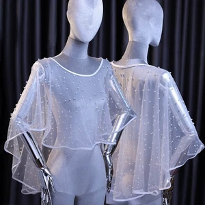 Short Front Long Back Wedding Cover Up Pearl Cape White Pearl Tulle Net Shawl ∂ - Picture 1 of 16