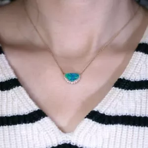 Exquisite Australian Black Opal Halo Diamond Necklace 18K Yellow Gold - Picture 1 of 11