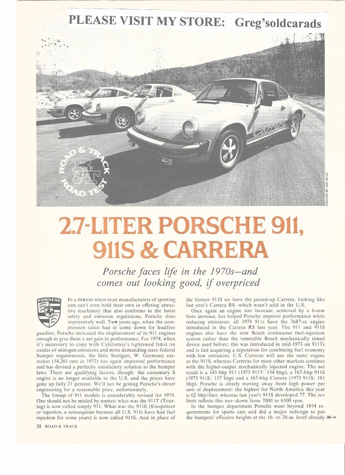 Porsche 911, 911S y Carrera 1974 de 7 páginas prueba de carretera: en categoría de anuncio impreso Foto 1 de 1