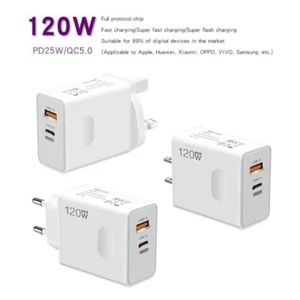 2-Port 120W Rapid Charger EU US UK Plug Adapter Wall Charger + USB Type-C Cable - Picture 1 of 18