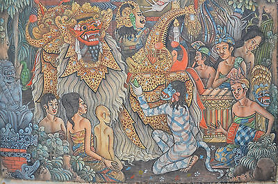 Vintage Balinese Ubud  Mythical Painting On Cloth Signed By Artist Surita • 650$
