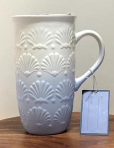 Luna & Sage Textured Shells White Blue Ceramic Travel Coffee Mug with Lid - Picture 1 of 8