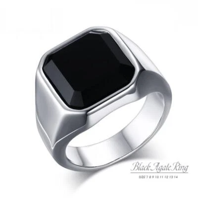 Black Onyx Rings Men Square Agate Ring Band Size 7-14 Gift - Image 1 of 4