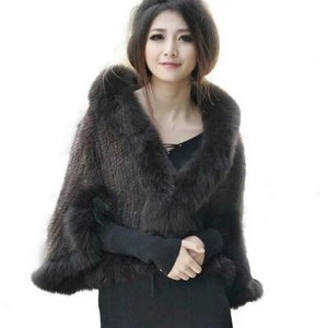 Women Genuine Fox Fur Trim Short Cape Shawl High Quality Knitted Coat Jacket New - Picture 1 of 12