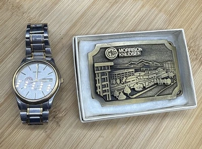VTG 1980s Morrison Knudsen MKO Solid Brass Belt Buckle & Seiko Watch - Image 1 of 4