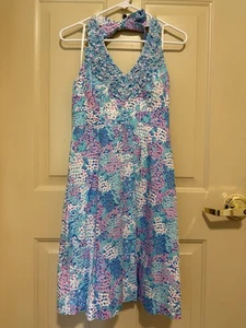 Lilly Pulitzer Worth Halter Dress Sz 2 Blue Dot Dot Hop Blue Lavender Floral Rfl - Picture 1 of 19