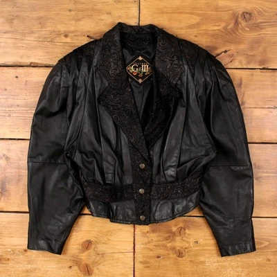 Chaqueta de cuero vintage GIII S 90 cachemira occidental negra para mujer Foto 1 de 4