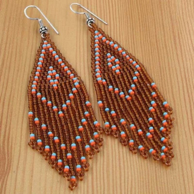 NATIVE STYLE  ETHNIC HANDCRAFTED BROWN RED SEED BEADED HOOK LONG EARRINGS E27/1  - Image 1 of 2