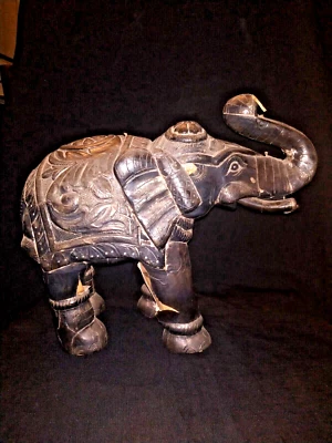 ANTIGUA FIGURA ANIMAL ÉTNICO INDIO TRADICIONAL ELEFANTE DE MADERA CON LÁMINA DE PLATA Foto 1 de 4