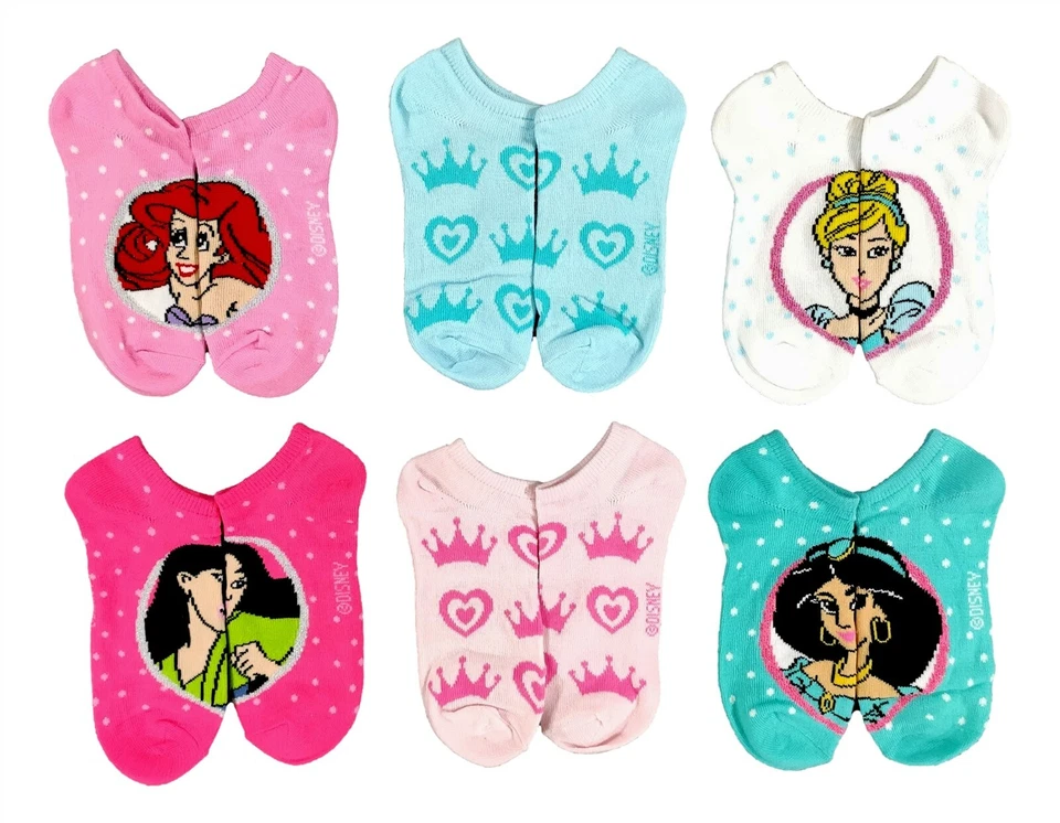 Disney Princess Socks Girls Large 4-10 Ariel Cinderella Jasmine 6-Pair Gift - Image 1 of 4