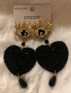 Pendientes colgantes CHICO’S glamorosos negros mal de ojo con cuentas corazón nuevos con etiquetas - Imagen 1 de 10