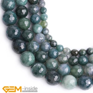 Natural Green Moss Agate Stone Faceted Round Loose Beads For Jewelry Making 15" - Picture 1 of 38