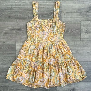 AMERICAN EAGLE Smocked Tiered Mini Dress Size Medium Orange Paisley 70s Retro - Picture 1 of 10