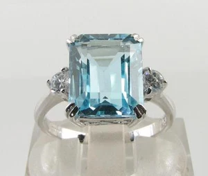 LARGE 9K 9CT WHITE GOLD 11mm x 9mm BLUE TOPAZ DIAMOND ART DECO INS RING FREE Sz - Picture 1 of 8