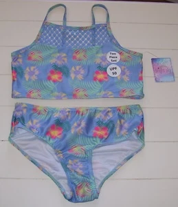 Bright Sky 2 Pc Periwinkle Tropical Floral Lace Insert Bikini Swimsuit L 12-14 - Picture 1 of 4