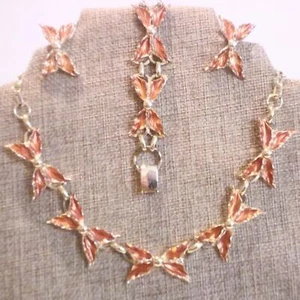 Vintage Orange Emaille Blatt Glieder Halskette Armband Ohrring Demi Parure MCM - Bild 1 von 5
