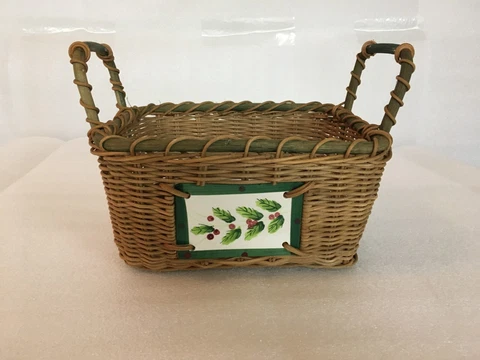 Wicker Basket w/handles & Front Ceramic Plate w/holly berries and leaves Cover