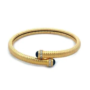 Diamond Sapphire Gold Bangle France 18k Yellow Tubogas Bypass Style Flex Band - Picture 1 of 8
