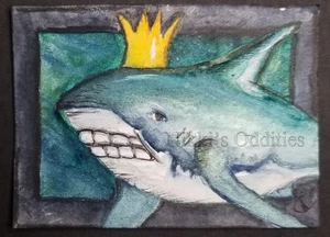 Aceo Original Watercolor Painting King Shark Fish Predator Sea water Nikki - Picture 1 of 1