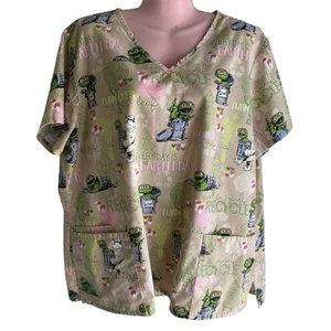 Sesame Street Scrub Top Women's Extra Large Oscar the Grouch Earth Day Recycle - Picture 1 of 7