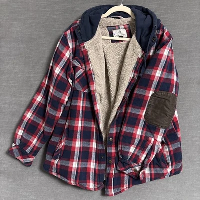 Legendary Jacket XL Red Navy Plaid Flannel Sherpa Hooded Elbow Patch Shacket - Image 1 of 4