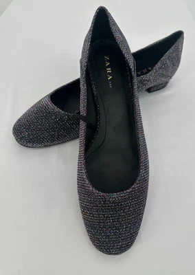 ZARA TRF Mujer Brillo Punta Punta Plana Tacón Bloque Zapatos Talla 41 EE. UU. 10 NUEVO CON ETIQUETAS Foto 1 de 4