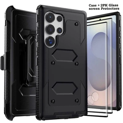 For Samsung Galaxy Phone Black Case Rugged Cover + Screen Protector Belt Clip - Image 1 of 4