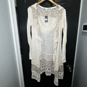 Miss Me Cream Colored Knit Swing Duster Sweater w/ Hood Size Med NWT - Picture 1 of 8
