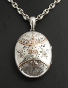 Antique Victorian Sterling Silver & Rose Gold Locket Pendant On Mariner Chain - Picture 1 of 10