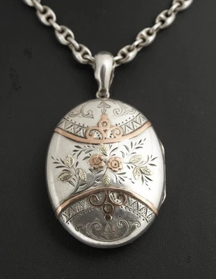 Antique Victorian Sterling Silver & Rose Gold Locket Pendant On Mariner Chain - Image 1 of 4