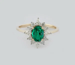 Oval Shape Halo Green Emerald Silver Surrounding Accents Women Ring - Picture 1 of 4