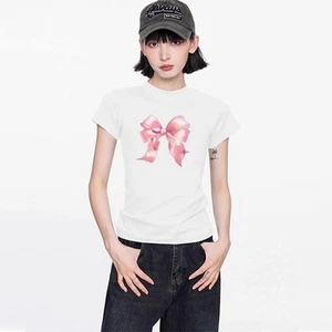Mujer Verano Manga Corta Camiseta Base Camisa Top Ocio Estampado Lazo Talla 5 - Imagen 1 de 7