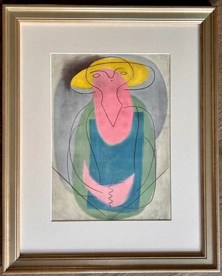 PABLO PICASSO 签名 原版 Pochoir 女子 带黄帽子 1920 年代 复古 正品证书 — 第 1/4 张图片
