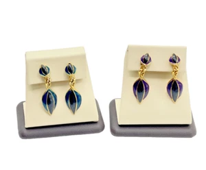 Vintage Gold-Plated Green / Purple Set of 2 Clip-On Dangle Leaf Earrings - Picture 1 of 2