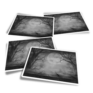 4x Rectangle Stickers - BW - Spooky Full Moon Forest Halloween #37103