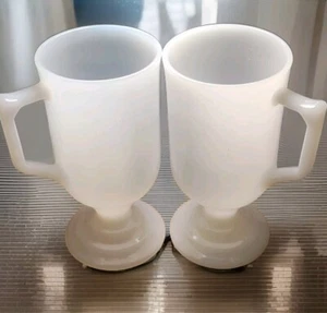 Milk Glass Mugs Vintage Translucent White Set Of Two Pedestals - Picture 1 of 14