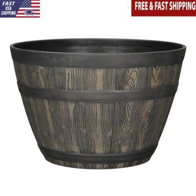 棕色树脂威士忌桶种植器 20 英寸轻质防紫外线排水孔 — 第 1/4 张图片