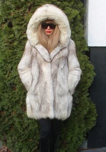 100% Real Ranch Arctic Fox Fur Coat Jacket Outwear Clothing Fashion L - Picture 1 of 16