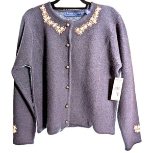 Karen Scott Cárdigan Lana Pura Talla Mediana Azul Con Bordado Nuevo Con Etiquetas - Imagen 1 de 5