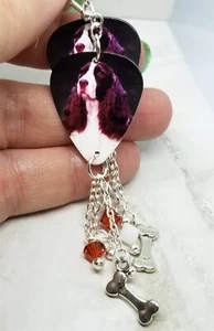 Springer Spaniel Guitar Pick Earrings with Dog Bone Charm and Swarovski Crystals - Picture 1 of 4