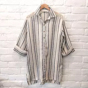 ZARA 100% Linen Shirt Dress L Blue White Striped Button Knee Length Kaftan Tunic - Picture 1 of 16