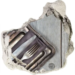 Besteck auf Brettern 125x125 cm 3D Loch Fototapete Aufkleber Wandbild Dekoration - Bild 1 von 4